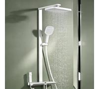 Thermostatic Shower Riser Rail Kit 4 Function Wall Mounted White | Waterfall Bath Shower Mixer Tap with Shelf and Piano Key, The Hand Shower Can Be Raised and Lowered By 60Cm