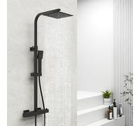 Thermostatic Shower System, Square Thermostatic 38℃ Shower Mixer Set with 20 x 20 cm Rainfall Shower Head, Handheld Shower, Riser Rail, Adjustable Height Anti Scald Matte Black Shower Set