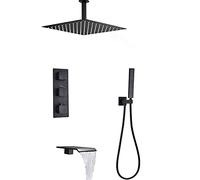 Thermostatic Shower System with Waterfall Tub Spout Black Shower Faucet Set Ceiling Mounted Square Rainfall Shower Head System with Handheld Shower Set Rain Mixer Shower Combo Set,16 inches(8 inches)