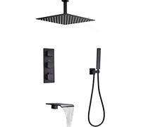 Thermostatic Shower System with Waterfall Tub Spout Black Shower Faucet Set Ceiling Mounted Square Rainfall Shower Head System with Handheld Shower Set Rain Mixer Shower Combo Se,16 inches