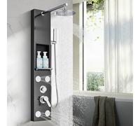 Thermostatic Shower Tower Column Panel, 3-Function 3-in-1 System with rain Shower Head, Handle and 4 Body Jets with Shelf (Black)
