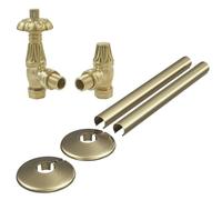 Thermostatic Westminster Radiator Valve 1/2" x 15mm Angled Brushed Brass with Clip-on Pipe Covers and Collars