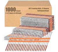 Therwen 1000 Count 21 Degree Framing Nails Full Round Head Collated Framing Ring Shank Hot Dipped Galvanized Nails Plastic Row Fixed for All Pressure Treated Lumber(2-1/2 Inch X 0.120 Inch)