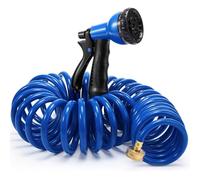 Therwen 25 ft Heavy Duty EVA Recoil Garden Hose Curly Water Hose with 7 Pattern Spray Nozzle and Brass Connectors for Garden Watering Cars Washing(Blue)