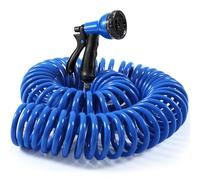 Therwen 50 ft Heavy Duty EVA Recoil Garden Hose Curly Water Hose with 7 Pattern Spray Nozzle and Brass Connectors for Garden Watering Cars Washing(Blue)