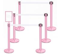 Therwen 6 Pack Heavy Duty Crowd Control Stanchions Stainless Steel Stanchion Set with 6 Safety Barrier Post with Retractable Belt and 1 Sign Holder Crowd Control Barrier (Pink)