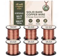 Therwen 6 Rolls 6 Size Bare Copper Wire for Jewelry Making 18, 20, 22, 24, 26 Gauge 50ft Each Roll, 300ft Total Pure Solid Soft Copper Wire for Gardening, Crafting, Beading, Electroculture, Sculpting