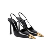 THESHY Womens Slingback High Heels Metal Pointed Toe Leather High Stiletto Heel Pumps Slip on Elastic Strap Fashion Dress Shoes for Women, Black, 6 UK