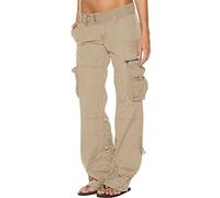 TheSosy Cargo Trousers for Women Plus Size, Low Waist Walking Hiking Trousers Lightweight Cargo Pants Loose Fit Combat Work Trousers with Multi Pockets Stright Leg Low-Waist Flared Trousers UK Khaki