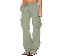 TheSosy Cargo Trousers for Women Plus Size, Low Waist Walking Hiking Trousers Lightweight Cargo Pants Loose Fit Combat Work Trousers with Multi Pockets Stright Leg Low-Waist Flared Trousers UK Green