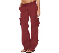 TheSosy Cargo Trousers for Women Plus Size, Low Waist Walking Hiking Trousers Lightweight Cargo Pants Loose Fit Combat Work Trousers with Multi Pockets Stright Leg Low-Waist Flared Trousers UK Wine