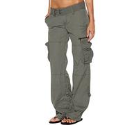 TheSosy Cargo Trousers for Women Plus Size, Low Waist Walking Hiking Trousers Lightweight Cargo Pants Loose Fit Combat Work Trousers with Multi Pockets Stright Leg Low-Waist Flared Trousers UK Gray