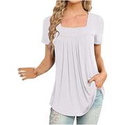 TheSosy Ladies Tops Square Neck T Shirts for Women UK Plain Pleated Tunic Summer Tops Shorts Sleeve Casual Blouses Going Out Shirts Tunic Tops Ladies Oversized T-Shirt Loose Solid Color Tops White