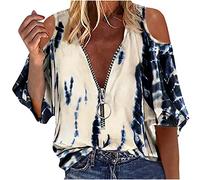 TheSosy Off Shoulder Tops for Women Summer Sexy V Neck Shirt Zipper Front Printed T Shirts Graphic Tee Shirts Cold Shoulder Pullover Blouse Half Sleeve Casual Loose Summer Tunic Tops Beige