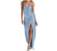 TheSosy Sequin Bodycon Dress for Women UK Glitter Spaghetti Strap Dress V Neck Split Evening Dresses Prom Ball Gown Formal Dresses Maxi Party Dresses Sparkling Glitter Dresses UK Size 8-16 Light Blue