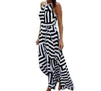 TheSosy Stripe Maxi Dresses for Women UK Halter Neck Sleeveless Summer Boho Long Dress Bohemian Holiday Dress Wrap Waist Casual Evening Party Beach Dress Sundress Black Dress