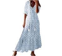 TheSosy Summer Dresses for Women Plus Size Casual Loose 3/4 Sleeve Floral Print Long Maxi Dress Summer Beach Dress Indian Dresses Loose Lace-up Bohemian Dress Beach Vacation Boho Flowy Long Sundress