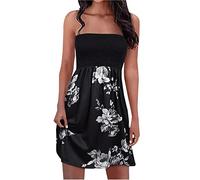 TheSosy Summer Dresses for Women UK,Bandeau Strapless Beach Dress Ruched Tube Sleeveless Sexy Swing Dress Ladies Bohemian Dresses Knee Length Floral Dress Boho Elegant Beach Party A Line Dress