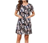 TheSosy Women Nightdress Zip Up Nightgown Nightie Super Soft Cotton Pajamas Short Sleeve Round Neck Baggy Sleep Dress Sleepshirt Solid Casual Sleepwear Loungwear Nightshirts with Pockets