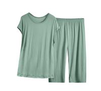 TheSosy Womens Cotton Pajama Sets Comfortable Ladies Lounge Wear Set Summer Short Sleeve T-Shirt and Cropped Pants Two Piece PJ Set Casual Loose Sleepwear Soft Loungewear Solid Color Pyjamas Set