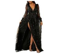 TheSosy Women's Deep V-Neck Sequin Evening Dress Long Sleeve High Split Prom Party Dress Lace Up Glitter Dress Maxi Dresses Shinny Prom Dresses Ball Gown Sexy Evening Gowns