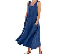 TheSosy Women's Linen Dresses Casual Loose O Neck Summer Dress Sleeveless Tank Sundress Boho Flowy Baggy Summer Beach Dress Long Tunic Dresses with Pockets UK Size 8-22