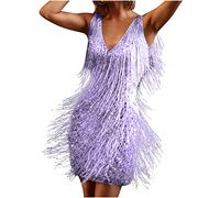 TheSosy Women's Purple Flapper Dress XXL V-Neck Sleeveless Mini Dress with Fringe, Sequin, Tassel
