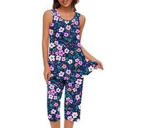 TheSosy Women's Pyjama Sets Printed Pajamas 2 Pieces Pleated Sleeveless Tank Top + Capri Pants Summer Loungewear Ladies Pjs Set Comfy Pajama Sets Sleepwear Nightwear UK
