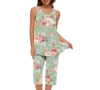 TheSosy Women's Pyjama Sets Printed Pajamas 2 Pieces Pleated Sleeveless Tank Top + Capri Pants Summer Loungewear Ladies Pjs Set Comfy Pajama Sets Sleepwear Nightwear UK Sale Clearance