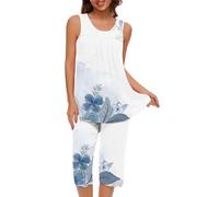 TheSosy Women's Pyjama Sets Printed Pajamas 2 Pieces Pleated Sleeveless Tank Top + Capri Pants Summer Loungewear Ladies Pjs Set Comfy Pajama Sets Sleepwear Nightwear UK
