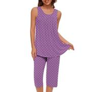 TheSosy Women's Pyjama Sets Printed Pajamas 2 Pieces Pleated Sleeveless Tank Top + Capri Pants Summer Loungewear Ladies Pjs Set Comfy Pajama Sets Sleepwear Nightwear UK