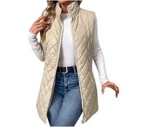 TheSosy Women's Quilted Gilet - Beige, Size L/XL, Plus, Long Length, Sleeveless, Zipper Closure, Fitted, Polyester, Autumn, Winter, Early Spring, Unlined, Not Water Resistant