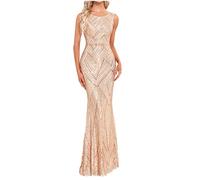 TheSosy Womens Sparkly Prom Dress Sleeveless Crewneck Mermaid Women's Maxi Dress Bodycon Evening Dress Ball Gown Party Dress Gold Sequin Dress Ladies Slim Fit Elegant Formal Wedding Guest Dresses
