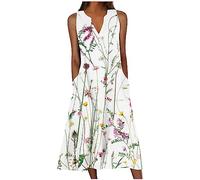 TheSosy Women's Summer Dresses Sleeveless V-Neck Long Dress Bohemian Summer Beach Dress Casual Tank T-Shirt Dress with Pockets Baggy Loose Vintage Floral Printed Midi Dress Long Tunic Holiday Dress