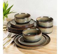 TheTerra Ceramic Dinner Set for 4, 12 Piece Plates & Bowls Set | Handmade Stoneware Dinnerware Set with Reactive Glaze, Oven, Microwave & Dishwasher Safe, Scratch Resistant, Mocha Brown
