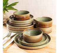 TheTerra Ceramic Dinner Set for 4, 12 Piece Plates & Bowls Set | Handmade Stoneware Dinnerware Set with Reactive Glaze, Oven, Microwave & Dishwasher Safe, Scratch Resistant, Brown Green