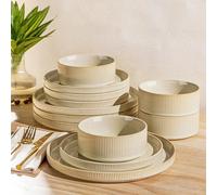 TheTerra Ceramic Dinner Set for 4, 12 Piece Plates & Bowls Set | Handmade Stoneware Dinnerware Set with Reactive Glaze, Oven, Microwave & Dishwasher Safe, Scratch Resistant, Cappuccino