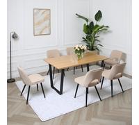 Thetis Dining Set - Oak-Effect Table with 6 Boucle Chairs Home Garden Direct Beige One Size