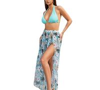 Thewasc Women Two Piece Swimsuit With Beach Coverup Dress Ladies Flower Print Swimwears Two Piece Halterneck Thong Bathing Suit Women's Halterneck Swimwears Set