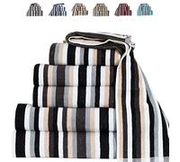 TheWhiteWater - 100% Natural Cotton HAND - BATH - BEACH Towel & Bathroom Sheets - (Black - Bale Set of 4) - Stripe Design - 6 Threads Combed Stripe 550 GSM (Bale set of 4, Black)