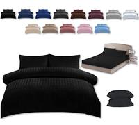 TheWhiteWater Double Duvet Cover Set - 3 in 1 - Double Bedding Set - Duvet Cover + Fitted Sheet +2 Matching Pillowcases - Natural Cotton + Virgin Polyester - Seersucker Pattern (Black, Double - 3in1)