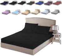 TheWhiteWater Duvet Set - 2/3 in 1 Bedding Set - Duvet Cover + Matching Pillowcases + Fitted Bed Sheets - NPolycotton Pintuck Cover (Black, Fitted Sheets - Super King)