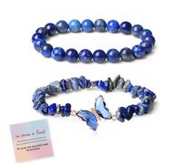 They Fly With Us Every Day Double-Layer Crystal Butterfly Bracelet, Strong As Fuck Rebirth Butterfly Healing Bracelet, Natural Crystal Beaded Bracelets Jewelry Gift for Women (Lapis Blue)