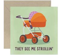 They See Me Strollin Funny New Baby Card, Boy or Girl - Square, Blank Inside with Premium Envelope
