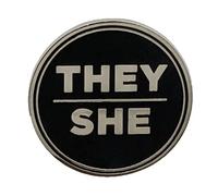 They She Black and Silver Circular Hard Enamel Pronoun Pin | Nonbinary Femme Pronoun Button Badge, 1.25 inches, Metal