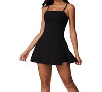 ThiCc 2 In 1 Split Hem Sports Dress with Built-in Bra & Shorts - Spaghetti Strap Square Neck Backless Tennis Dress Cut Out Shorts Romper Athletic Dresses for Golf Workout Exercise Yoga (L,Black)