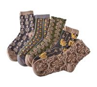 ThiCc 5 Pairs Women’s Vintage Floral Socks - Soft 3D Embossed Mid-Calf Socks Cute Lolita Jacquard Frilly Ankle Socks Cozy Cottagecore Accessories Casual Everyday Style (Brown)