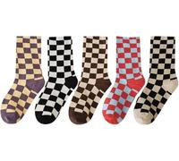 ThiCc 5pairs Women's Checkered Crew Socks - Kawaii Cotton Plaid about Ankle Socks Casual Colorblock Japanese Harajuku Athletic Socks Retro Dress Sock