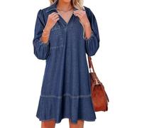 ThiCc Jean Dress for Women - Vintage Casual Babydoll V Neck Mini Denim Shirt Dresses with 3/4 Sleeves Ruffle Hem Loose A Line Solid Color for Vacation Beach Picnic Daily Wear (Sail Blue,M)