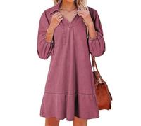 ThiCc Jean Dress for Women - Vintage Casual Babydoll V Neck Mini Denim Shirt Dresses with 3/4 Sleeves Ruffle Hem Loose A Line Solid Color for Vacation Beach Picnic Daily Wear (Red,L)